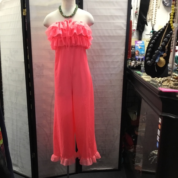 vintage true to Size Pants - Ruffled sheer vintage wide leg jumpsuit